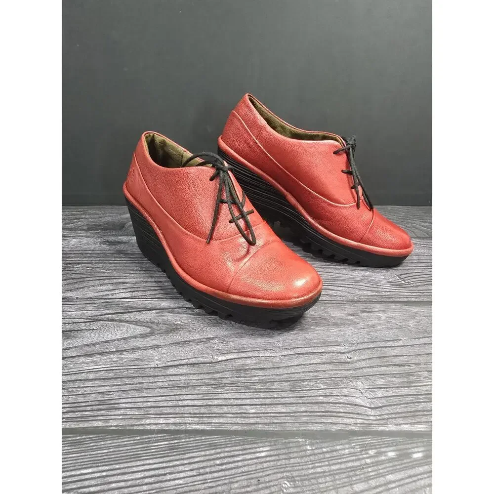 FLY London Yif Red Leather Wedge Oxford Platform Lace Up Women's EU 38 US 7.5